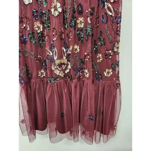 Gianni Bini Women's Wendy Burgundy Sequin Mesh Embroidered Floral Dress, Size 0 - Picture 6 of 14